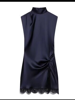 Sleeveless Navy Slip Dress with Lace Hem like Zara